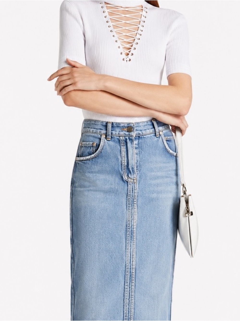 Balmain Cream Ribbed Lace-Up Short Sleeve Sweater
